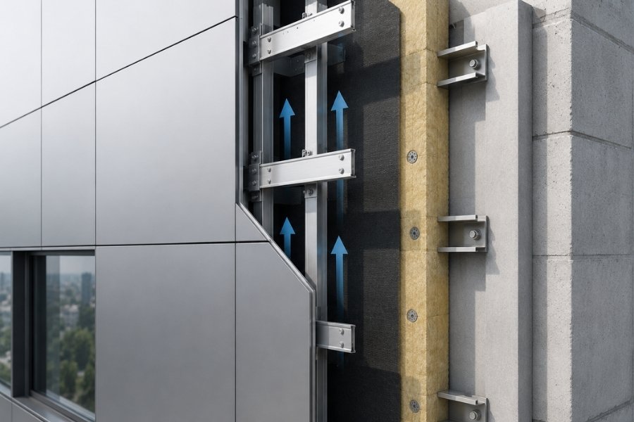 rainscreen facade system with aluminum exterior cladding panels