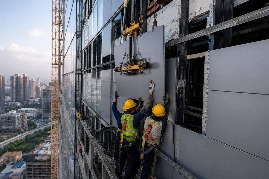 lightweight architectural cladding installation on commercial high-rise facade