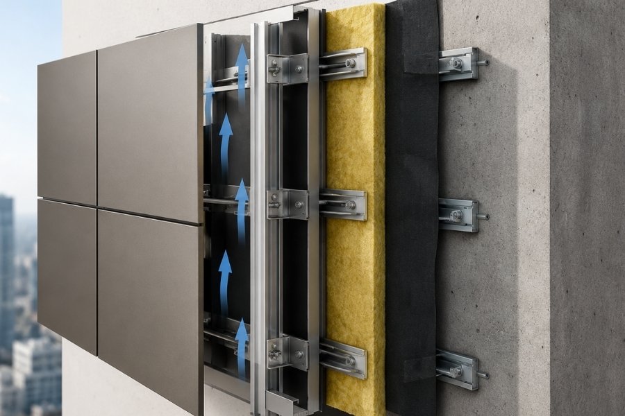 ventilated rainscreen facade system with aluminum composite panels