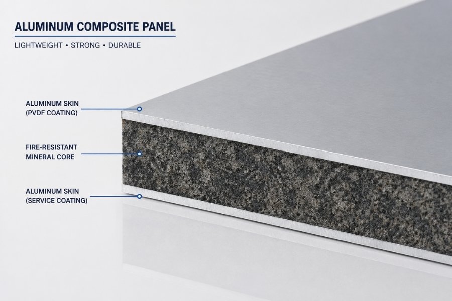 aluminum composite panel cross section for lightweight facade systems