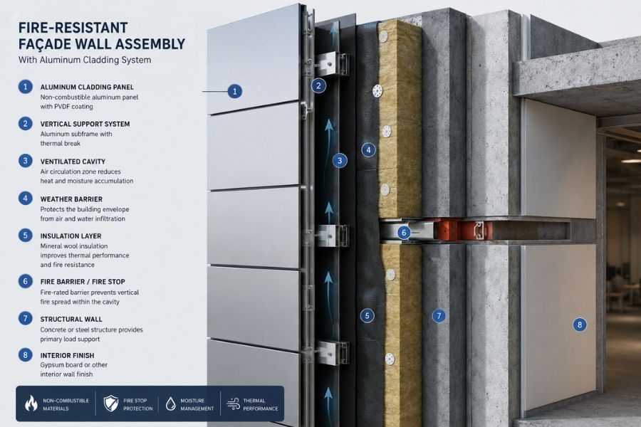 fire resistant ACM and aluminum facade wall assembly detail