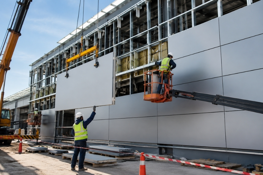lightweight exterior metal wall panels installed on commercial façade structure lightweight exterior metal wall panels installed on commercial façade structure