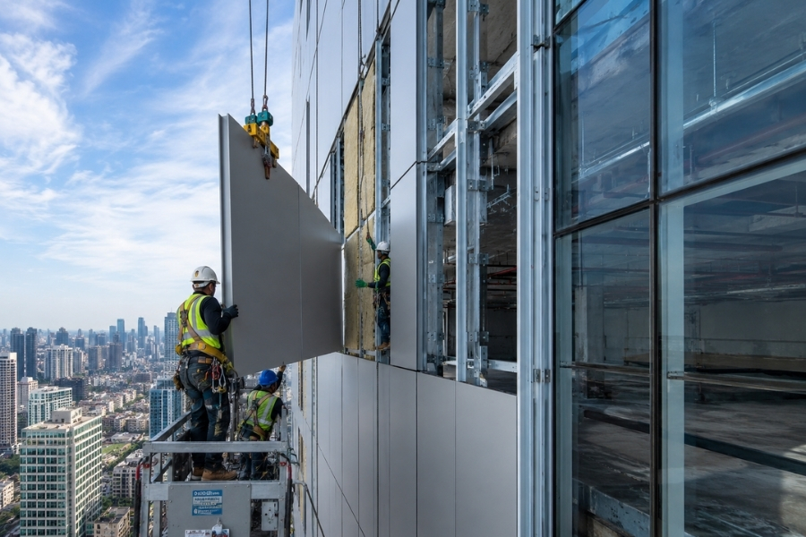 lightweight aluminum cladding panels during high-rise façade installation