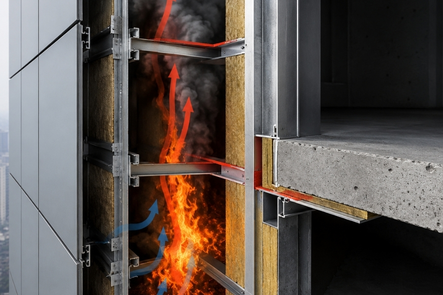 Ventilated ACM rainscreen cavity showing vertical fire spread and cavity barrier design Ventilated ACM rainscreen cavity showing vertical fire spread and cavity barrier design