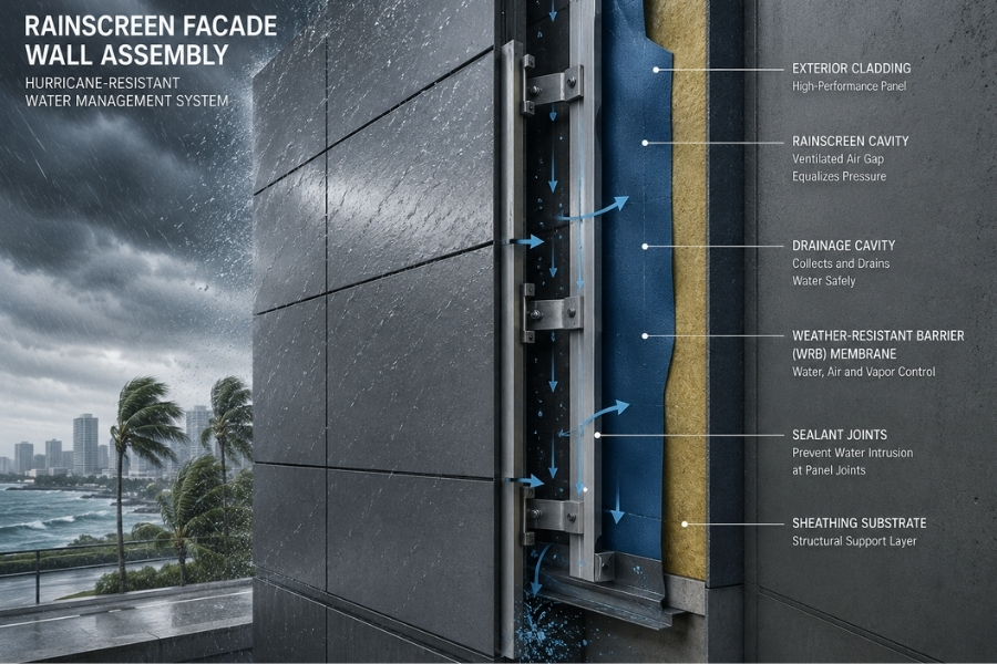 hurricane-resistant rainscreen facade system with drainage cavity and WRB hurricane-resistant rainscreen facade system with drainage cavity and WRB