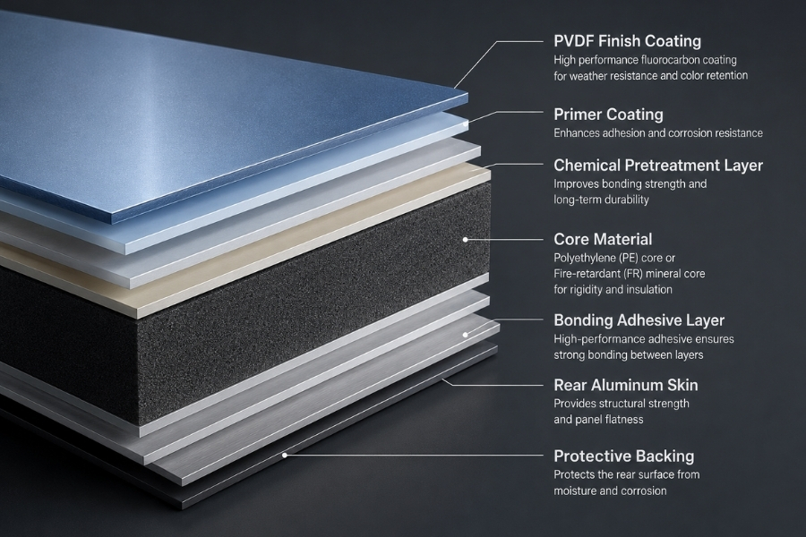 ACP panel structure with PVDF coating and aluminum composite core layers ACP panel structure with PVDF coating and aluminum composite core layers