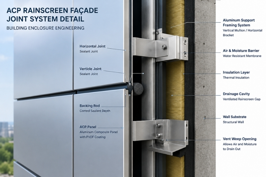 ACP rainscreen façade joint design with drainage cavity and sealant system ACP rainscreen façade joint design with drainage cavity and sealant system