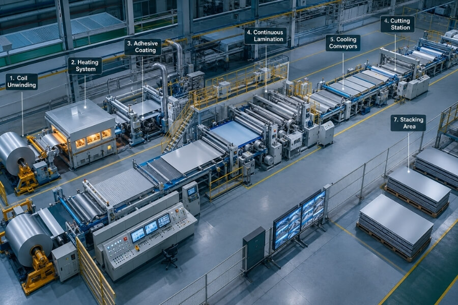 Integrated ACP production line system with continuous lamination and cooling process coordination