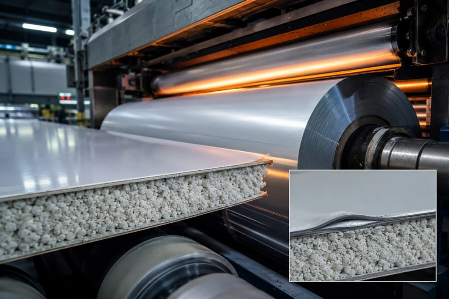 FR core ACP panel lamination process inside fire-rated aluminum composite panel production line