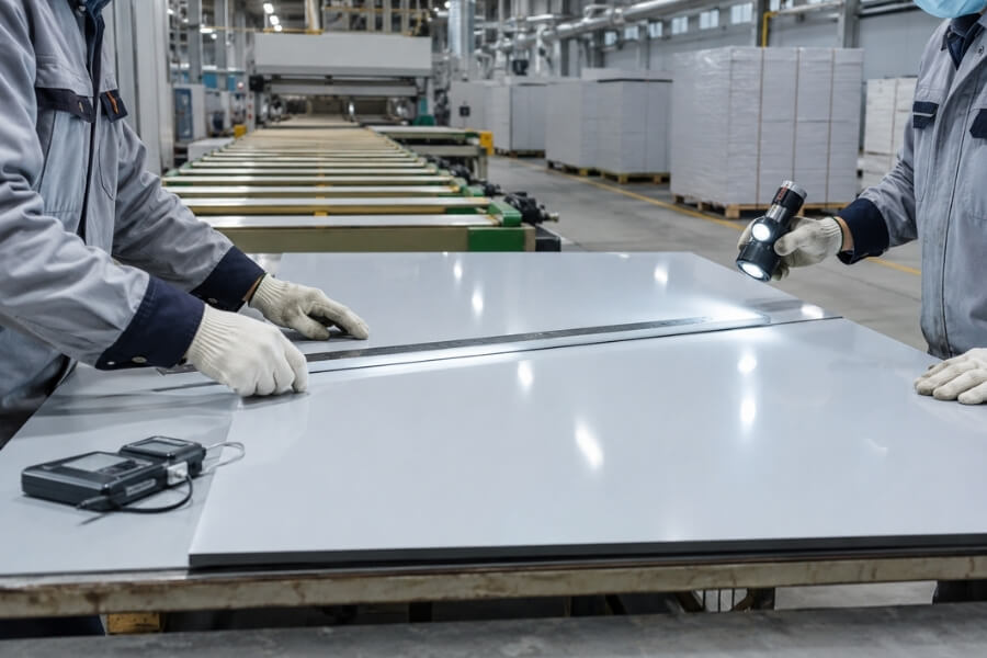 ACP panel flatness inspection during quality control in aluminum composite panel factory