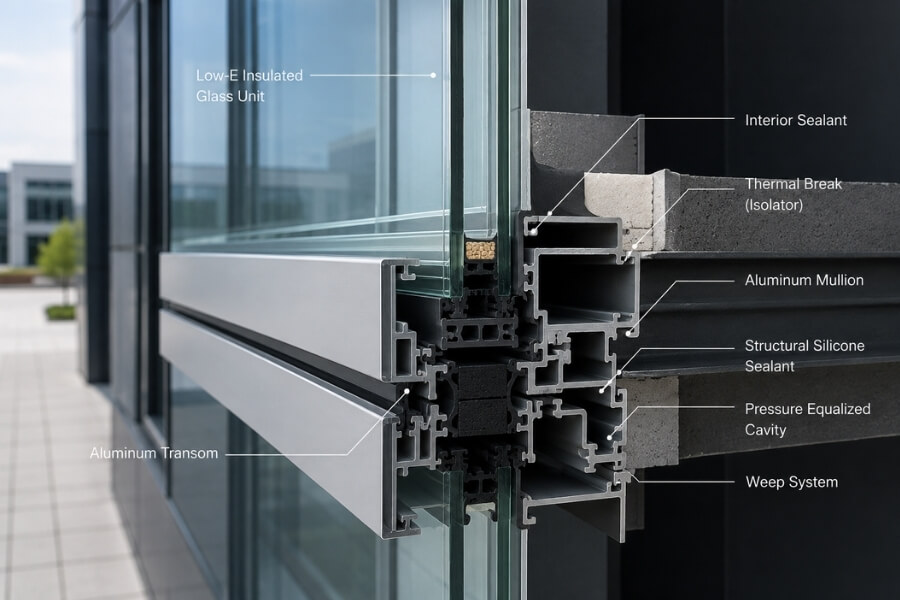 Curtain wall glazing system with Low-E insulated glass and aluminum framing in commercial facade engineering