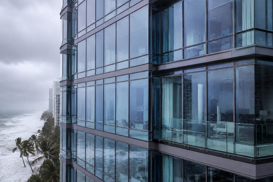 Laminated glass curtain wall system designed for hurricane-resistant commercial facade applications