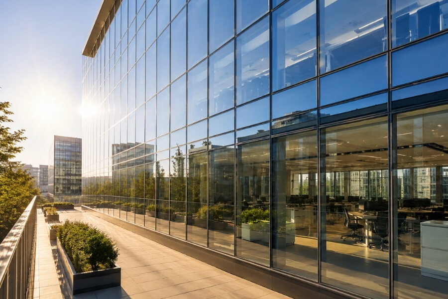 Insulated Low-E glass curtain wall improving energy efficiency in commercial building envelope systems