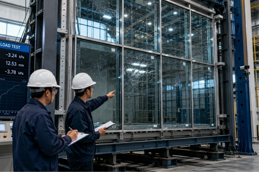 Curtain wall glass wind load testing for commercial facade structural performance evaluation