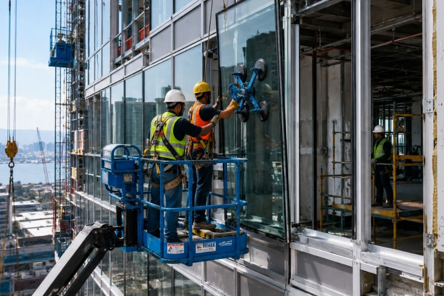 Aluminum curtain wall and glazing integration in modern commercial building envelope construction