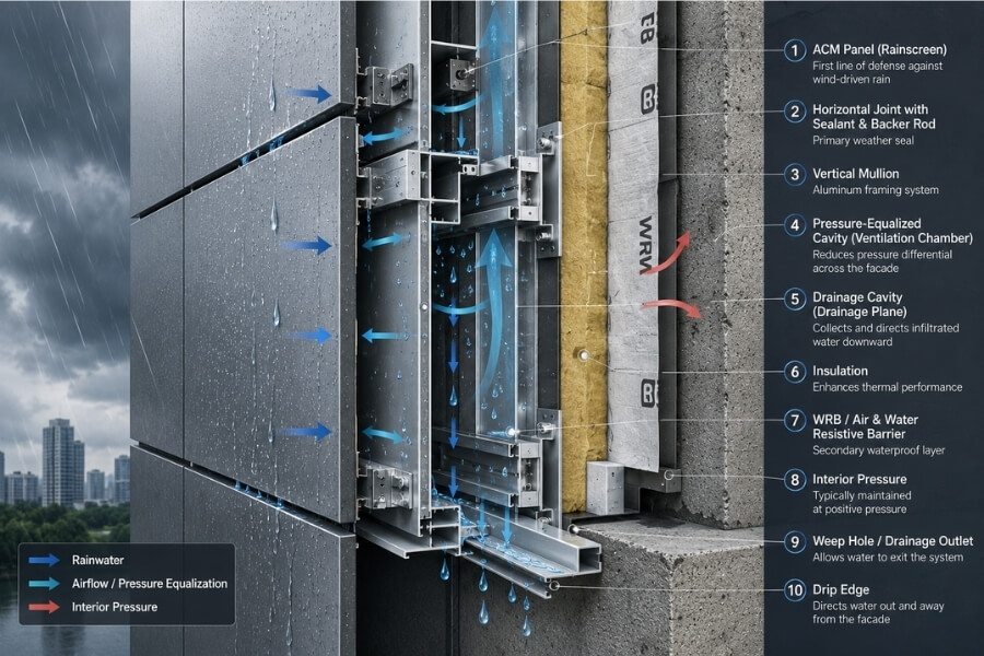 Water penetration paths inside aluminum composite panel curtain wall drainage cavity system