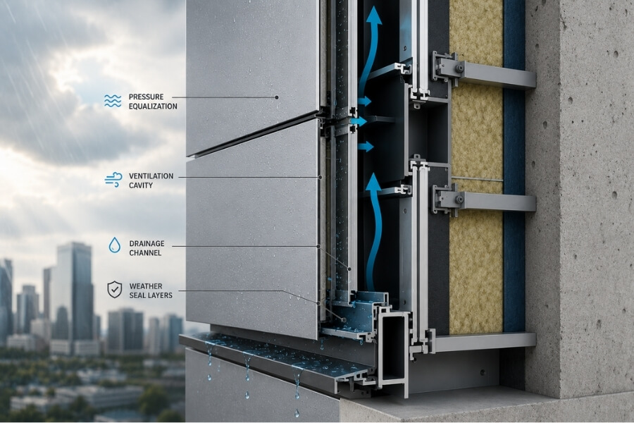 Pressure-equalized rainscreen aluminum composite panel curtain wall assembly with drainage cavity