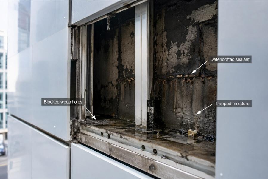Failed aluminum composite panel curtain wall waterproofing system with blocked drainage cavity