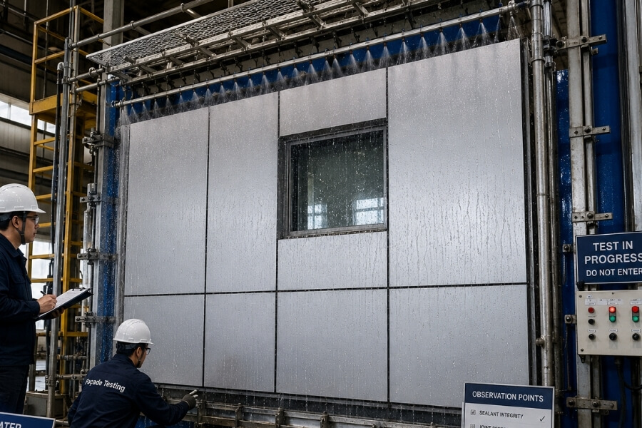 Curtain wall water penetration testing for aluminum composite panel façade waterproofing validation