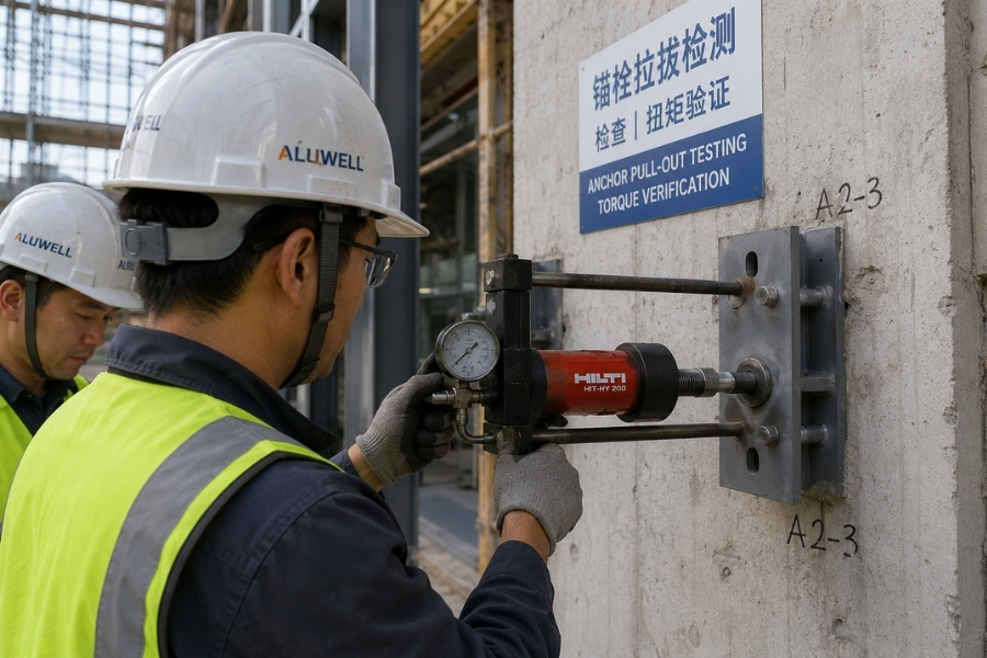 Metal façade quality control through anchor inspection and pull-out testing Metal façade quality control through anchor inspection and pull-out testing