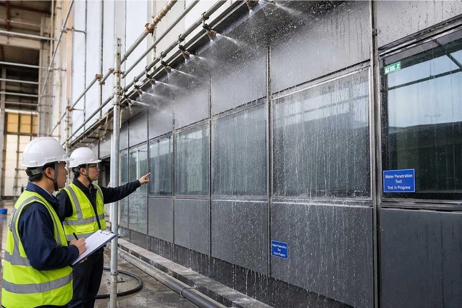 Metal façade waterproofing inspection and water penetration testing for quality control Metal façade waterproofing inspection and water penetration testing for quality control