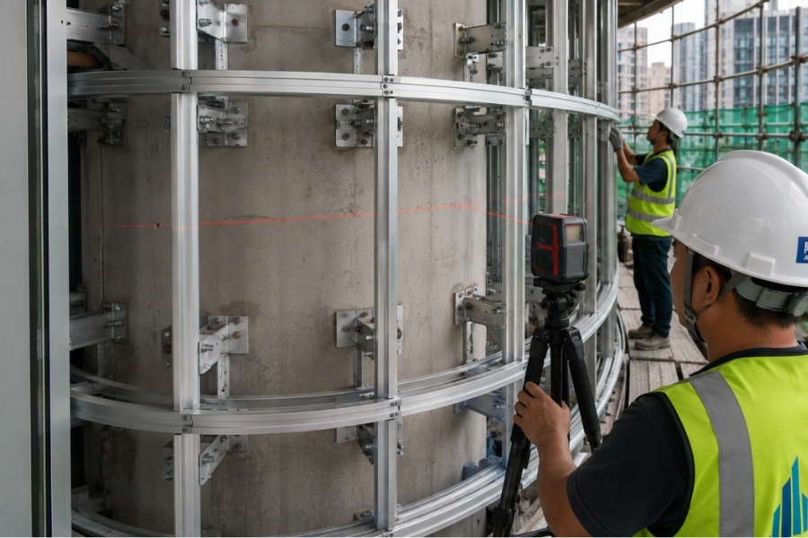curved ACP support structure installation with radius-controlled façade subframe curved ACP support structure installation with radius-controlled façade subframe