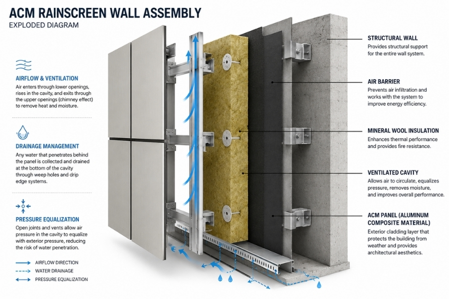 Aluminum composite panel rainscreen system showing ventilated cavity and building envelope layers Aluminum composite panel rainscreen system showing ventilated cavity and building envelope layers