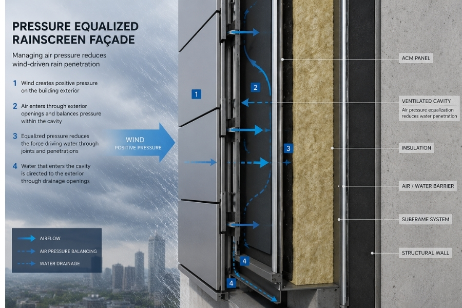 Pressure equalized rainscreen façade reducing water penetration behind ACM panels Pressure equalized rainscreen façade reducing water penetration behind ACM panels