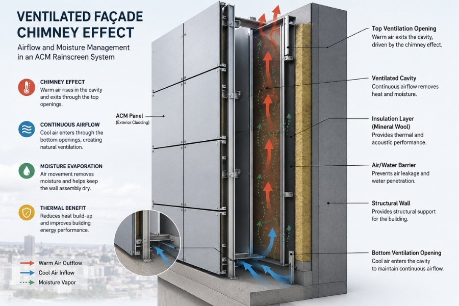 Ventilated façade cavity supporting airflow and moisture control in an ACM rainscreen system Ventilated façade cavity supporting airflow and moisture control in an ACM rainscreen system