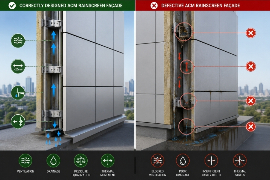 Common ACM rainscreen system design mistakes affecting drainage and ventilation performance Common ACM rainscreen system design mistakes affecting drainage and ventilation performance