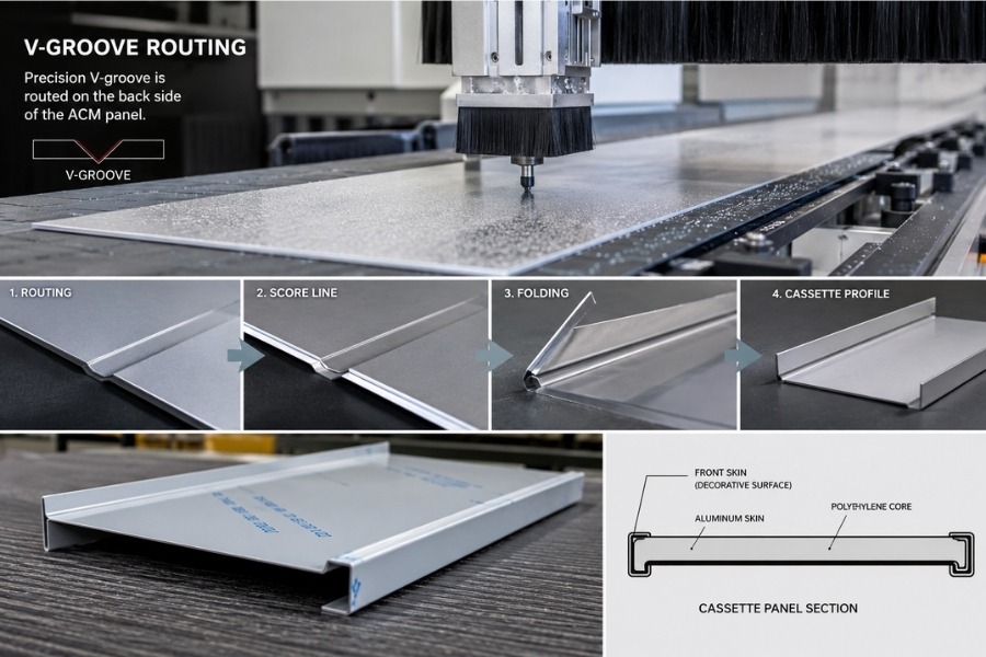 routing and folding process used to manufacture prefabricated aluminum composite panels routing and folding process used to manufacture prefabricated aluminum composite panels