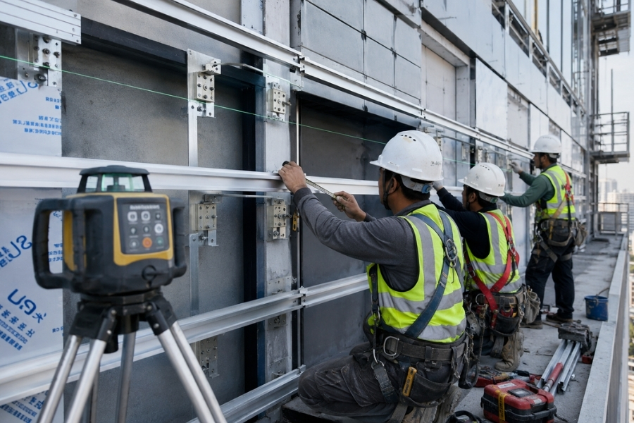 on-site ACM fabrication requiring bracket alignment and subframe adjustment before panel installation on-site ACM fabrication requiring bracket alignment and subframe adjustment before panel installation