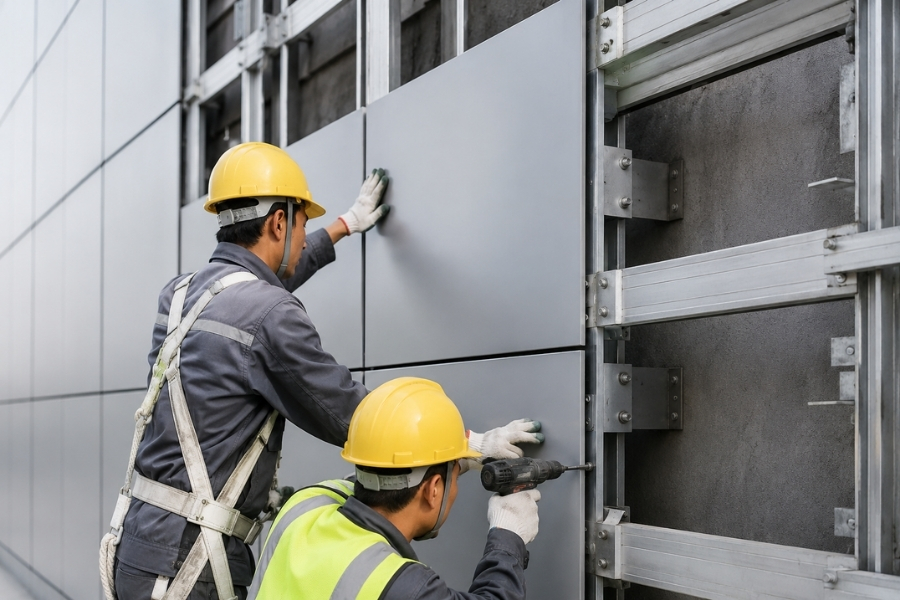 ACM facade installation and subframe alignment to reduce oil canning ACM facade installation and subframe alignment to reduce oil canning