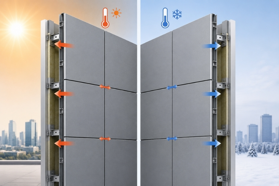 Thermal movement of aluminum composite panel facades caused by temperature changes Thermal movement of aluminum composite panel facades caused by temperature changes