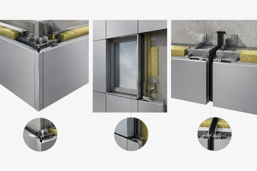 Façade movement joints and connection details for ACM thermal expansion control Façade movement joints and connection details for ACM thermal expansion control