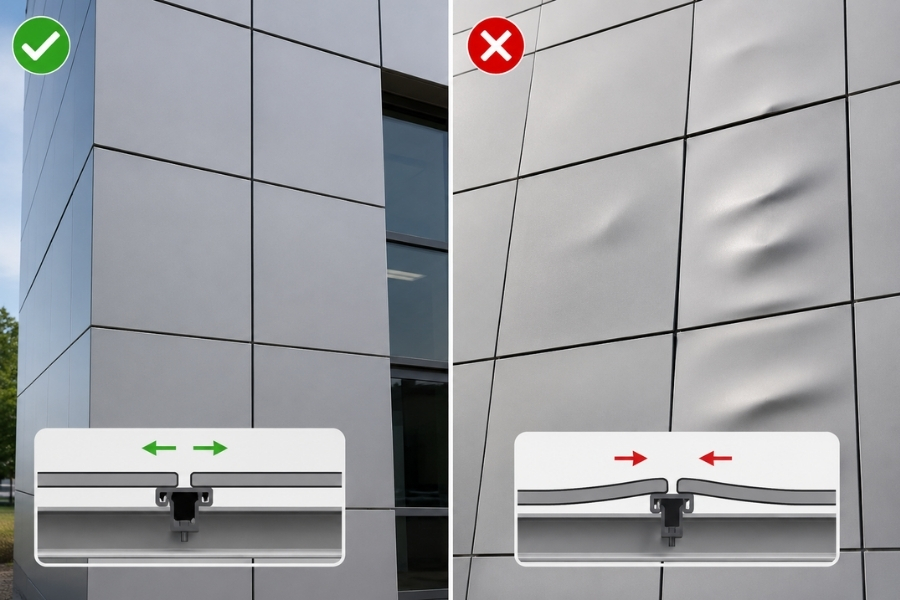 Comparison of ACM expansion joints versus restricted panel movement causing oil canning and buckling
