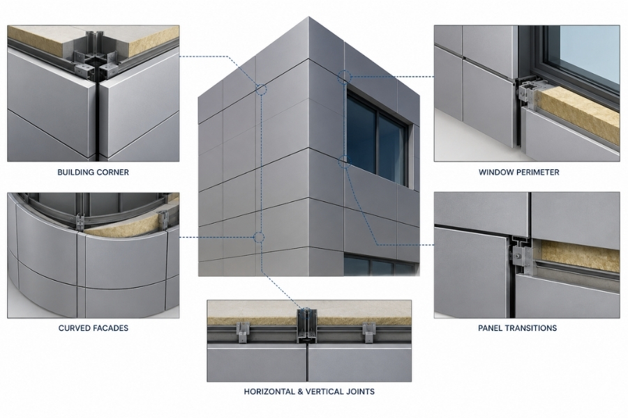 Critical ACM expansion joint locations including building corners, curved facades, and window perimeters